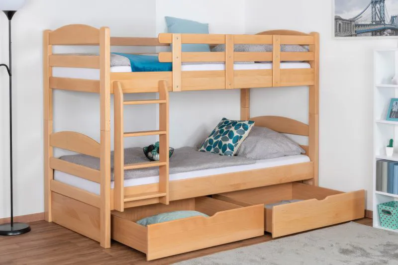 Letto a castello "Easy Premium Line" K21/h in faggio massello naturale, incl. 2 cassetti e 2 pannelli laterali - 90 x 200 cm, divisibile