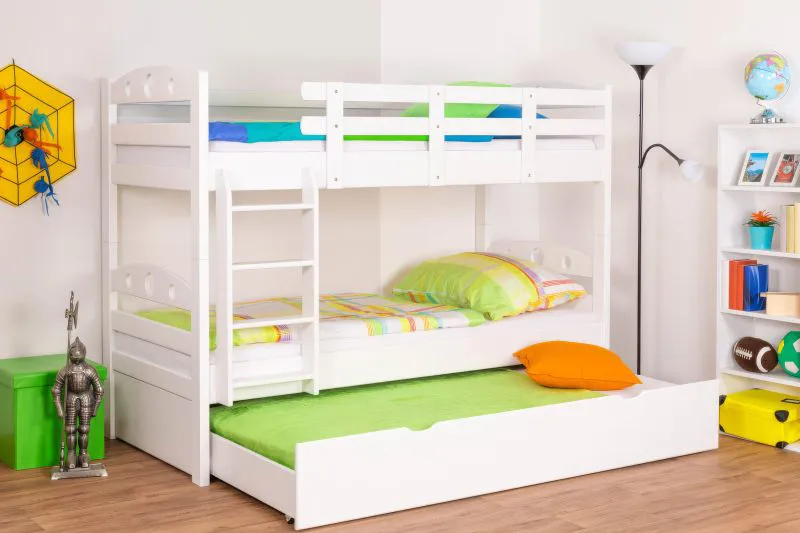 Letto a castello bianco divisibile K19/h | Faggio massello | Letto a scomparsa e pannelli laterali | 90x200 cm