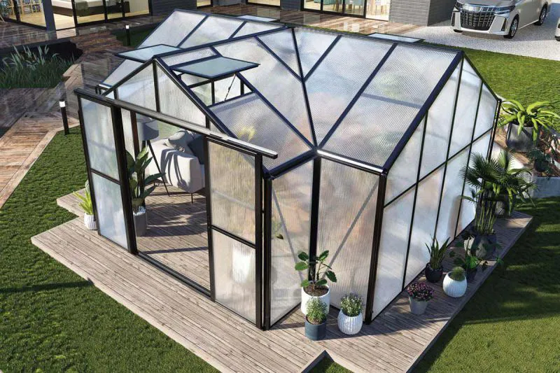 Serra Chili PRO 01, design: teli a doppia parete da 6 mm, 360 x 433 x 255 cm, colore del profilo nero, incl. 4 lucernari e sottostruttura