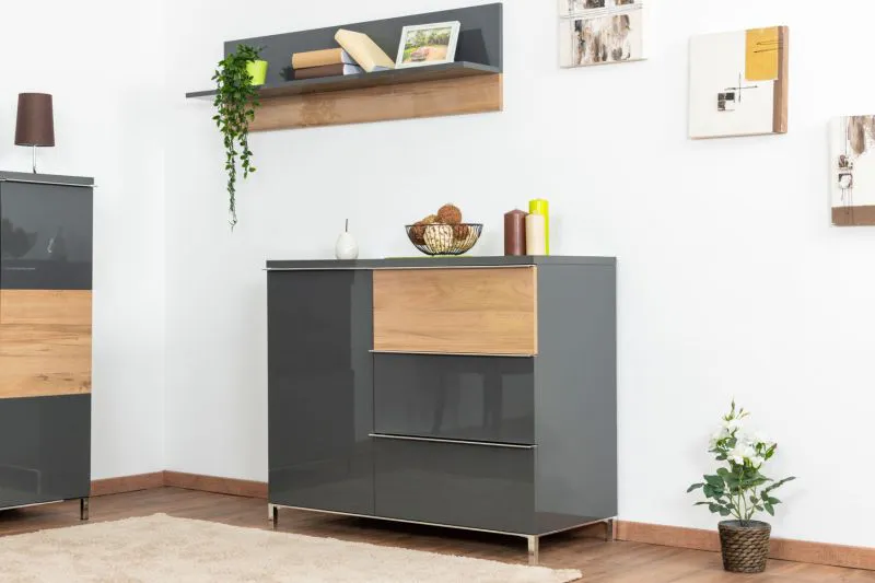 Cassettiera Vaitele 12 | Antracite lucido e noce | 88 x 106 x 45 cm | Sistema Soft Close