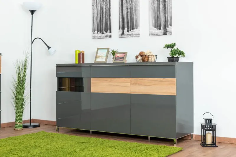 Cassettiera Vaitele 28 | Antracite lucido e noce | 88 x 167 x 45 cm | Soft Close e LED
