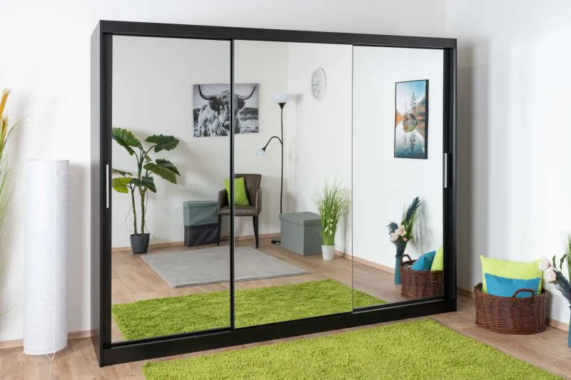 Armadio con ante scorrevoli Bisaurin 6D con specchio | Nero | 200 x 250 x 62 cm | Design moderno e salvaspazio