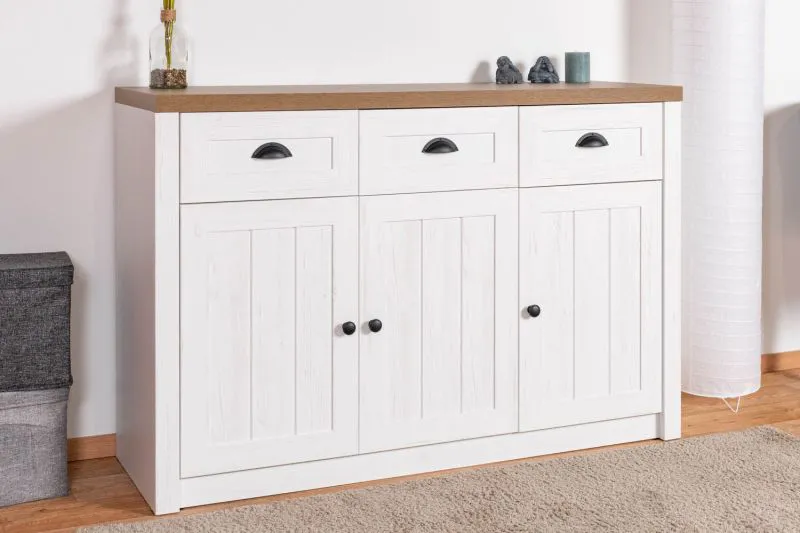 Cassettiera Segnas 02 | Bianco pino e marrone rovere | 88 x 130 x 43 cm | 3 cassetti, 3 ante