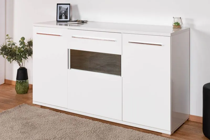 Madia "Garim" 3 bianco lucido | 85 x 150 x 45 cm | Design moderno, LED, Soft Close
