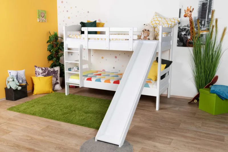 Letto a castello bianco con scivolo | 90 x 200 cm | faggio massello laccato | divisibile | Easy Premium Line K25/n