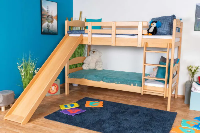 Letto a castello con scivolo 90 x 190 cm | Faggio massello naturale laccato | Divisibile in 2 letti singoli | Easy Premium Line K26/n