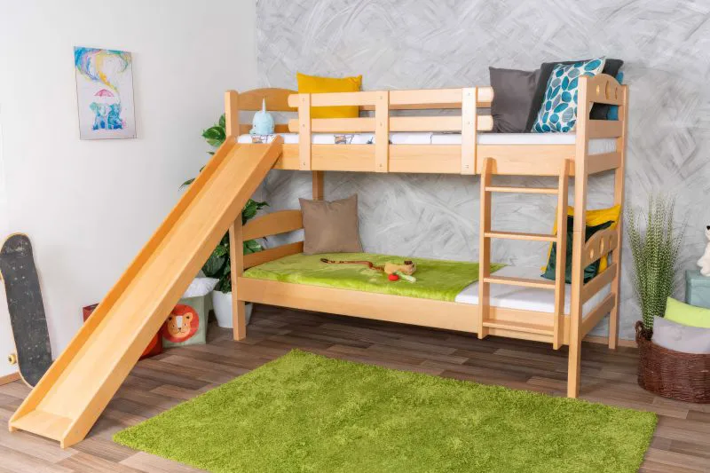 Letto a castello con scivolo 80 x 200 cm | faggio massello naturale laccato | divisibile in due letti singoli | Easy Premium Line K26/n