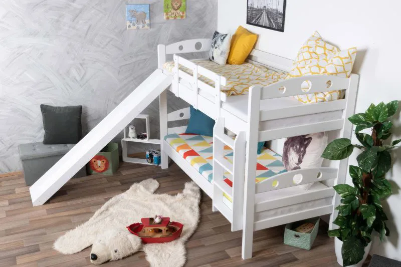Letto a castello bianco con scivolo 80 x 200 cm | Faggio massello laccato | Divisibile in due letti singoli | Easy Premium Line K27/n