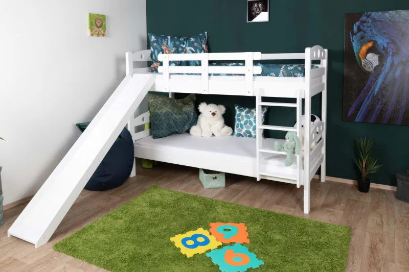 Letto a castello bianco con scivolo 90 x 200 cm | faggio massello | divisibile in 2 letti singoli | Easy Premium Line K27/n