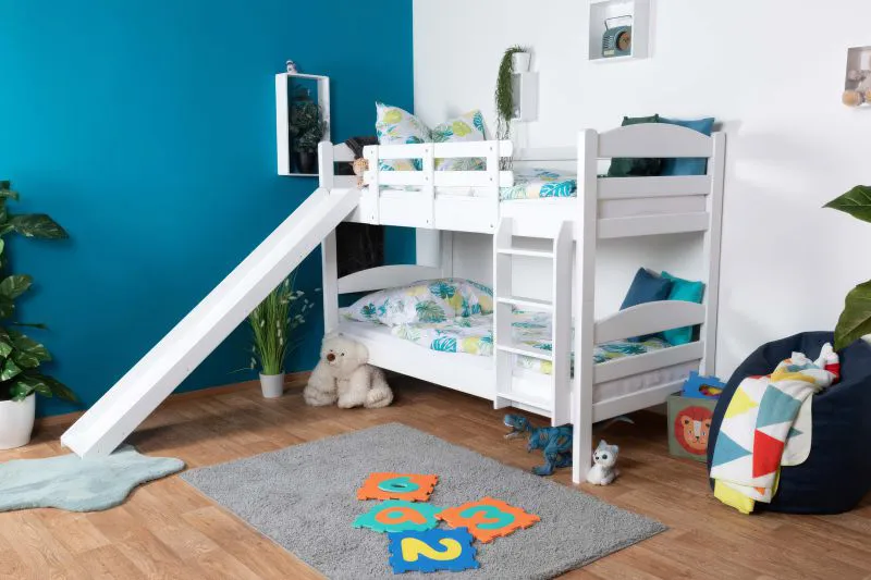 Letto a castello bianco con scivolo 80x200 cm | Faggio massello laccato | Divisibile in due letti singoli | Easy Premium Line K29/n