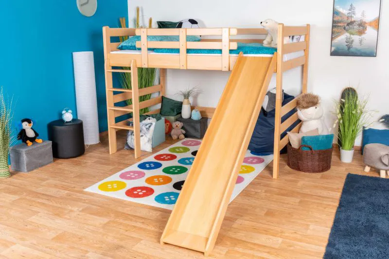 Letto a soppalco grande con scivolo 120 x 190 cm | Faggio massiccio naturale | Trasformabile in letto singolo | Easy Premium Line K31/n