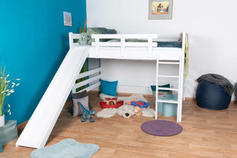 Letto a soppalco bianco con scivolo 160 x 200 cm | Faggio massiccio laccato | Trasformabile in singolo | Easy Premium Line K31/n