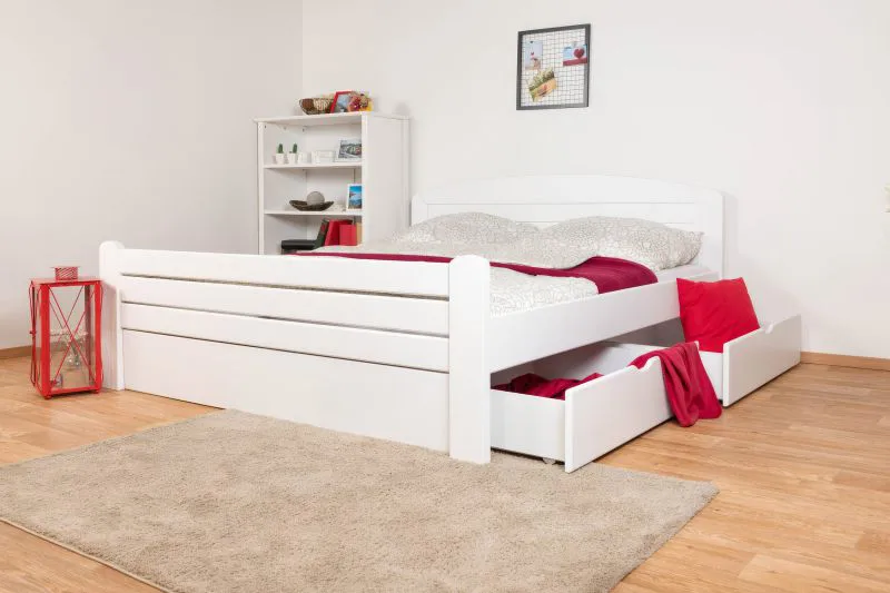 Letto matrimoniale 180 x 200 cm | Faggio massello bianco | 2 cassetti, pannello copertura | Easy Premium Line K7