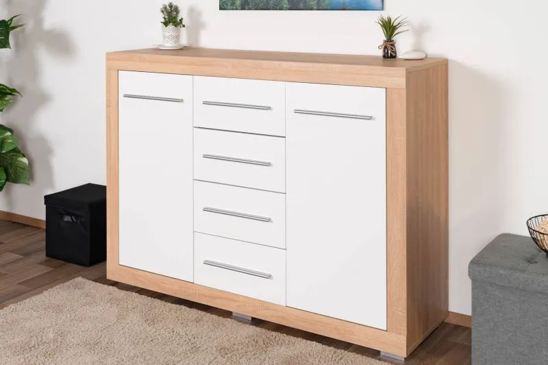 Cassettiera Madryn 08 | Rovere Sonoma e Bianco | 2 Ante, 4 Cassetti | 100 x 138 x 40 cm
