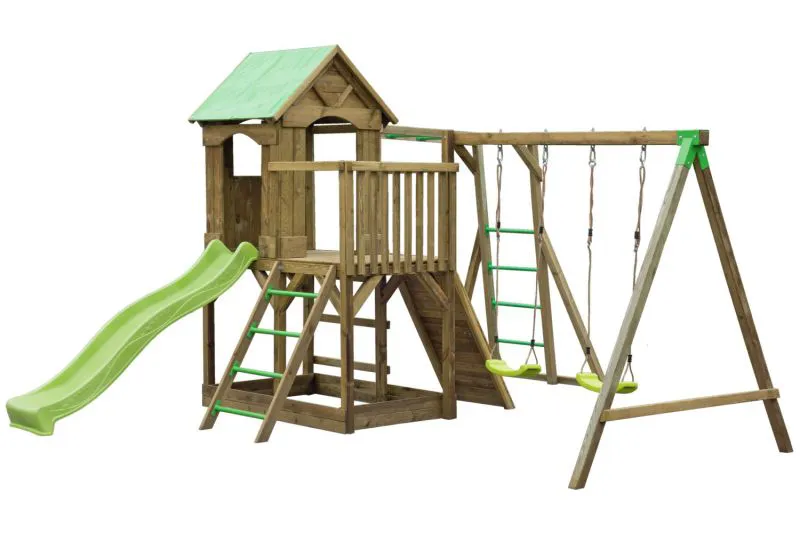 Torretta gioco "S3A", incl. scivolo a onde, altalena doppia, balcone, sabbiera, rampa da arrampicata - 450 x 500 cm (l x p)