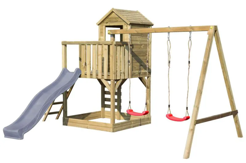 Torretta gioco "S4B", incl. scivolo a onde, altalena doppia, balcone, sabbiera, parete da arrampicata e scala in legno - 450 x 330 cm (l x p)