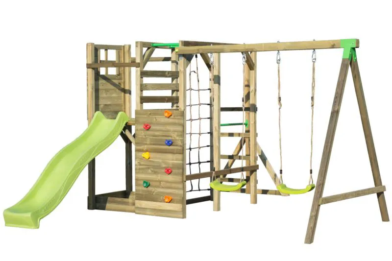 Torretta gioco "S6A", incl. scivolo a onde, altalena doppia, sabbiera, parete da arrampicata, rete in corda e barra orizzontale - 380 x 460 cm (l x p)