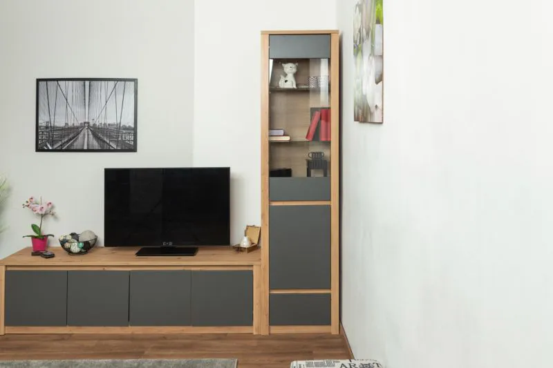 Vetrinetta moderna Faleula 02 | Rovere e grigio | 196 x 50 x 43 cm | Design senza maniglie