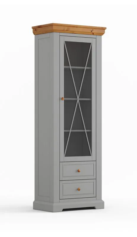 Vetrinetta "Gimone" 01 | Pino finlandese massiccio | Grigio laccato | 2 cassetti | 4 scomparti | 1 anta vetro | Soft-Close | 200 x 70 x 41 cm