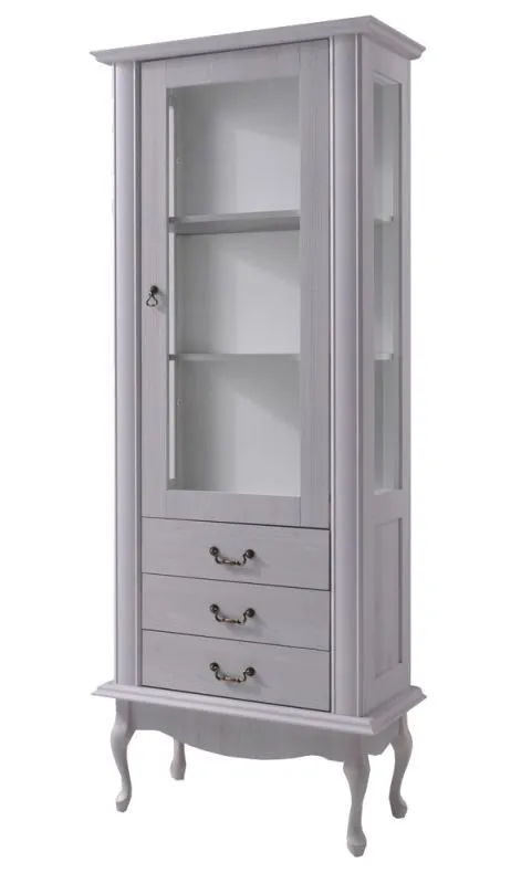 Vetrinetta alta "Bignona" 04 | Bianco pino elegante | 196 x 75 x 42 cm | 3 cassetti, anta in vetro