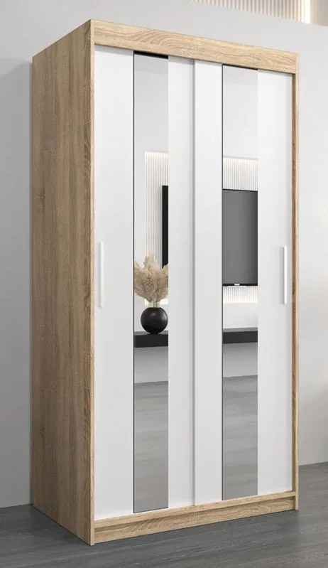 Armadio ad ante scorrevoli "Polos" 01 con specchio, rovere Sonoma / bianco opaco - 200 x 100 x 62 cm (h x l x p)