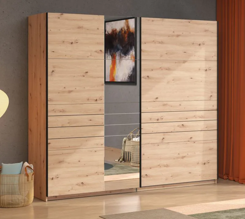 Armadio ad ante scorrevoli "Petrovac" 11, color rovere Artisan, 2 scomparti, 2 barre appendiabiti, bordi in ABS, 245 x 61 x 217,5 cm