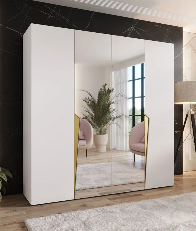 Armadio ad ante battenti "Rida" 09, bianco, maniglie: oro, 2 ante a specchio, 2 scomparti, Sistema "Soft-Close", bordi in ABS, 200 x 52 x 202 cm