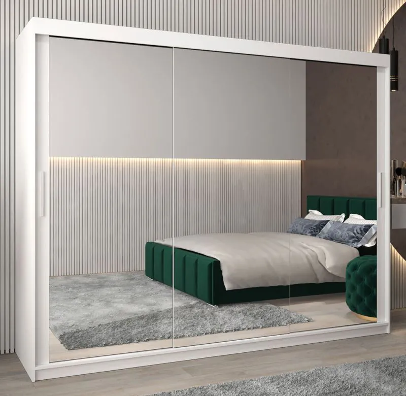 Armadio scorrevole Bisaurin 6D con specchio | Bianco opaco | 200 x 250 x 62 cm | Design moderno