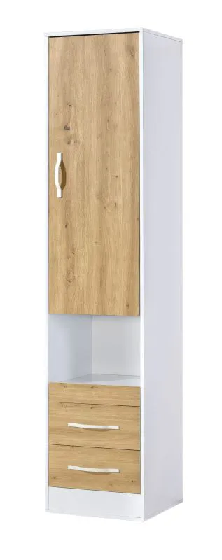 Armadio | Colore: rovere / bianco | 50 x 50 x 225 cm | maniglie in metallo bianco | 1 anta | 2 cassetti | 4 ripiani | 5 scomparti | Nalut 02