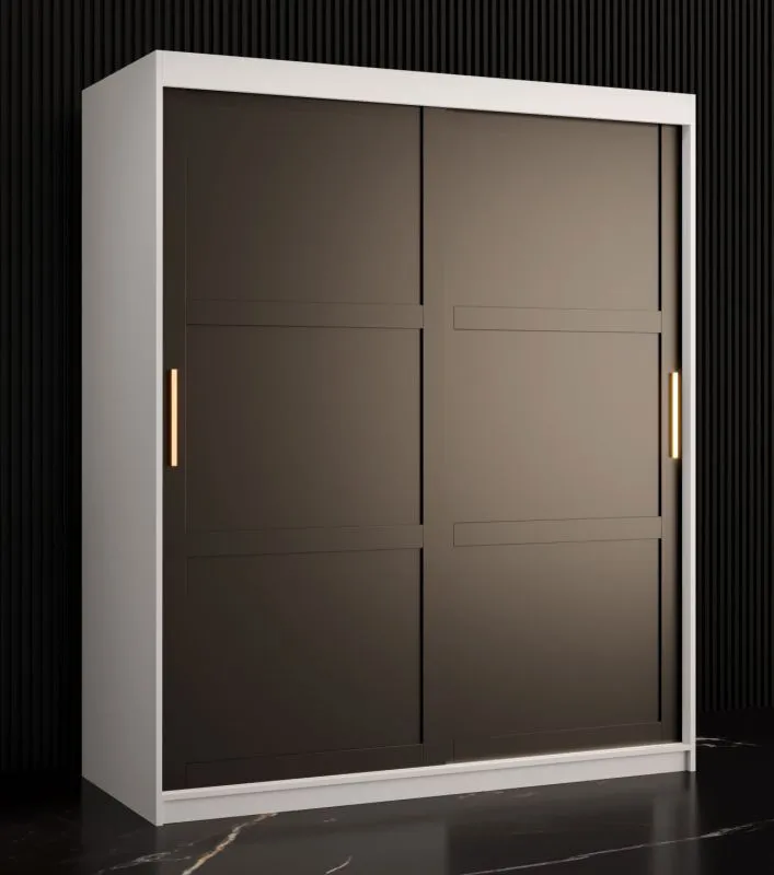 Armadio moderno 2 ante scorrevoli | Bianco opaco / Nero opaco | 200x150x62 cm | 5 scomparti | 2 barre appendiabiti