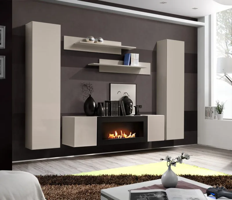 Parete attrezzata "Raudberg" 74, color cashmere, 1 mobile TV con caminetto a bioetanolo, 2 pensili, 2 mensole, sistema "push to open"