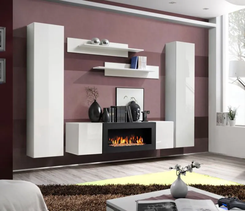 Pensile moderno con camino Hompland 109 | Bianco lucido | 170 x 260 x 40 cm | Ampio spazio contenitivo