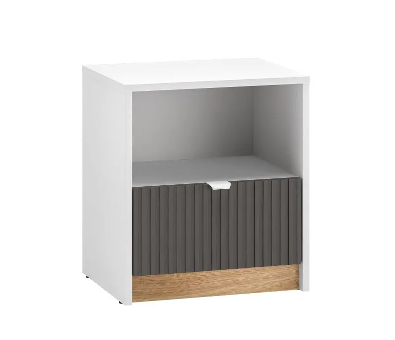 Comodino Mackinac 09 | Design semplice ed elegante | Bianco/Rovere/Grafite opaco | Soft-close | 48 x 43 x 34 cm