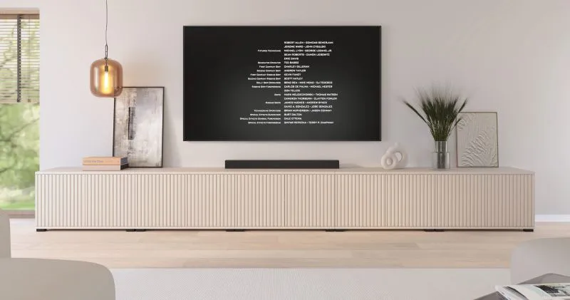 Mobile TV "Lerdo" 05, color cashmere, 10 ante a battente, 10 scomparti, funzione "push-to-open", 350 x 40 x 42 cm