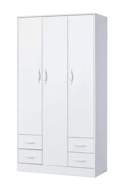 Armadio | Armadio con ante a battente | 3 ante | 120 x 50 x 225 cm | Colore: bianco | 3 ante | 4 cassetti | 11 scomparti | 1 asta appendiabiti | Nalut 01