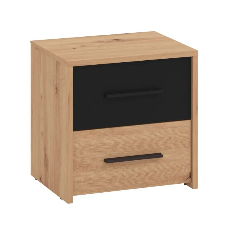 Comodino Brus 19 | Rovere Artisan e nero | 2 cassetti | Maniglie nere | 42 x 42 x 33 cm