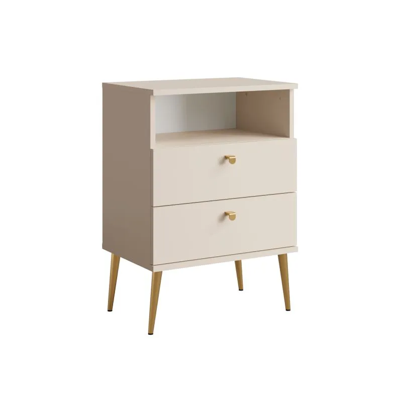 Comodino "Almyros" 03 beige | 2 cassetti e vano a giorno | Maniglie e gambe oro | 69,5 x 50 x 34 cm