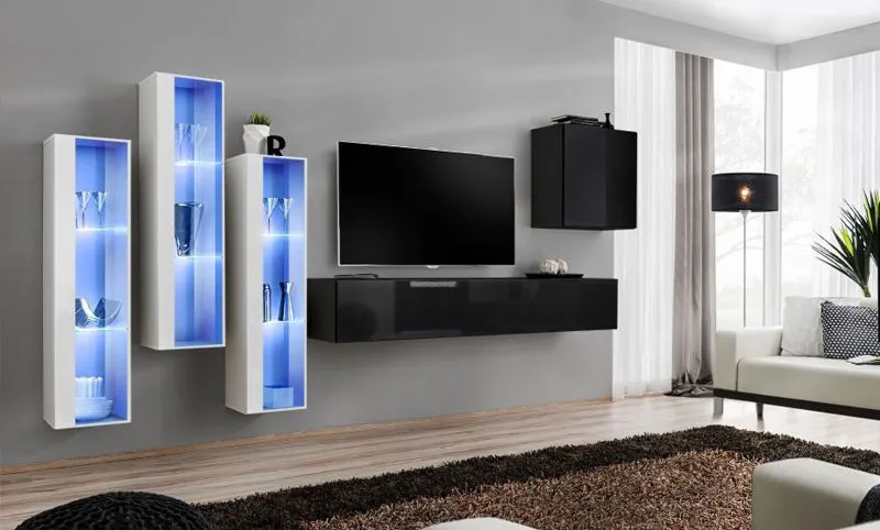 Parete attrezzata Balestrand 197 | Tre pensili a muro | Bianco/nero | 160 x 330 x 40 cm | Ampio spazio