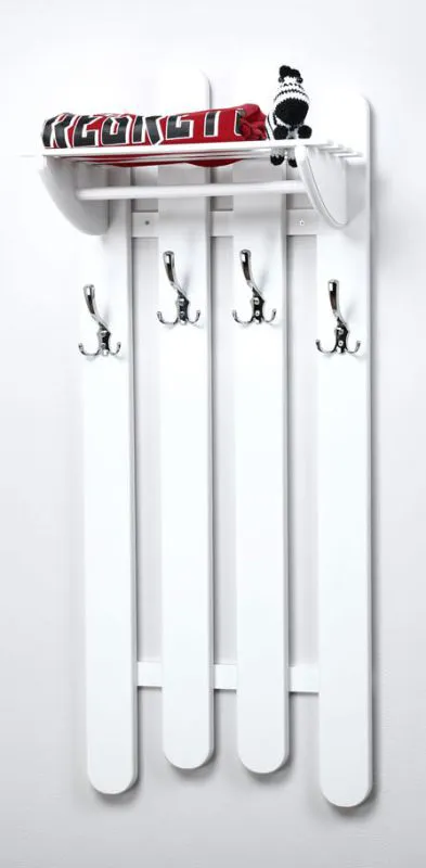 Appendiabiti da parete in pino massello bianco Junco 345 | 125 x 50 x 33 cm | Design moderno | 4 ganci e mensola