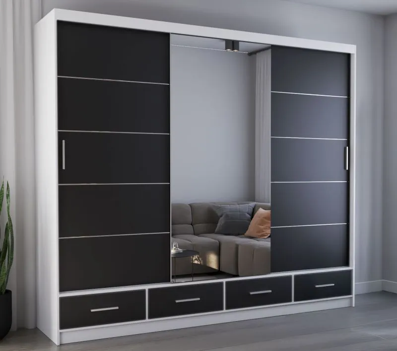 Armadio scorrevole Lusatian 37 | Bianco/Nero | Specchio frontale | 3 ante, 7 scomparti, 4 cassetti | 218 x 250 x 61 cm