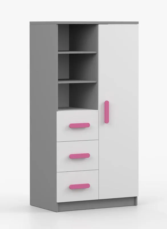 Armadio con ante battenti | 7 scomparti, 3 cassetti | Bianco/grigio con maniglie rosa | 159 x 80 x 40 cm | Serie Smolikas