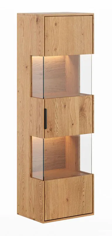 Armadio a muro Rania 01 | Rovere naturale massiccio | 1 anta | 4 ripiani | LED integrato | 142 x 43 x 33 cm
