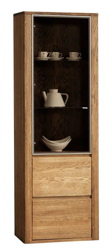 Vetrina Jussara 03, colore: ambra, parzialmente in rovere massiccio - 201 x 69 x 42 cm (A x L x P)