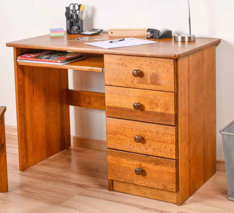 Scrivania pino massello rovere Junco 191 | 75x100x55 cm | 4 cassetti | Ripiano tastiera
