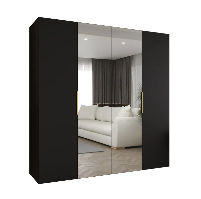 Armadio battente Korab 85 nero | Maniglie oro | 2 ante a specchio | 2 metri larghezza | Sistema Soft-Close