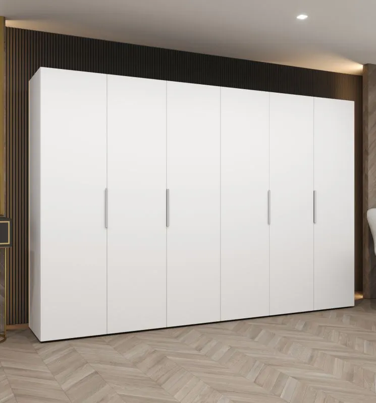 Armadio guardaroba 3 m bianco | 6 ante battenti | 4 scomparti | Maniglie color cashmere | Sistema Soft-Close