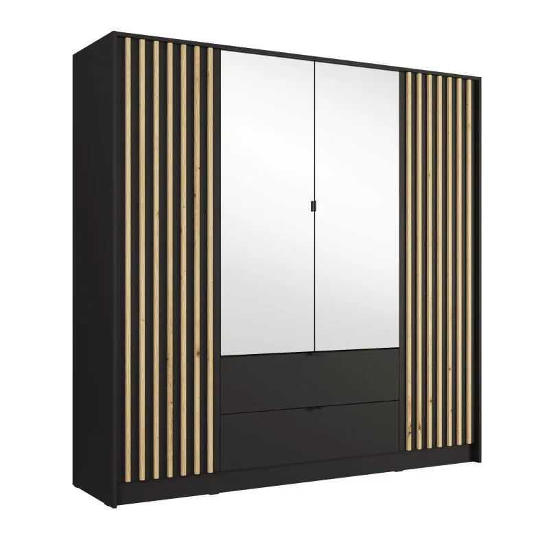 Armadio ad ante battenti "Iraklio" 06, effetto cannettato, specchio, maniglie: metallo, 4 ante, 2 cassetti, 10 scomparti, 1 barra appendiabiti, 200 x 54,5 x 200,5 cm