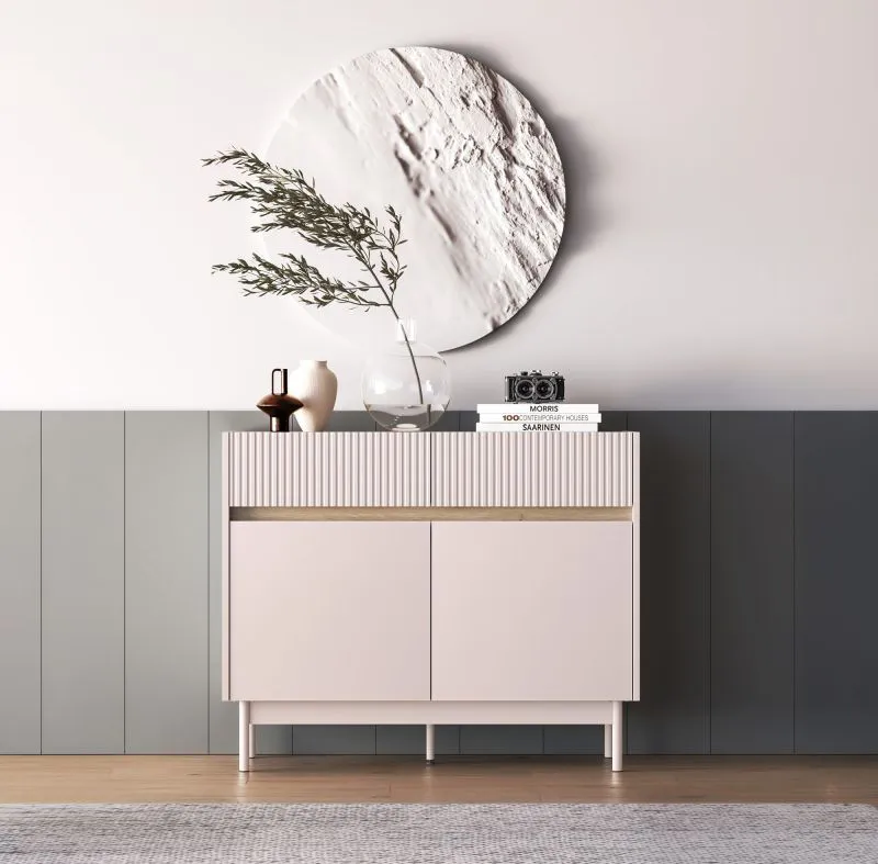 Madia "Humboldt" 06, color cashmere/rovere Cremona, gambe: metallo, 2 ante, 3 cassetti, Sistema "Soft-Close", 104 x 40 x 85 cm