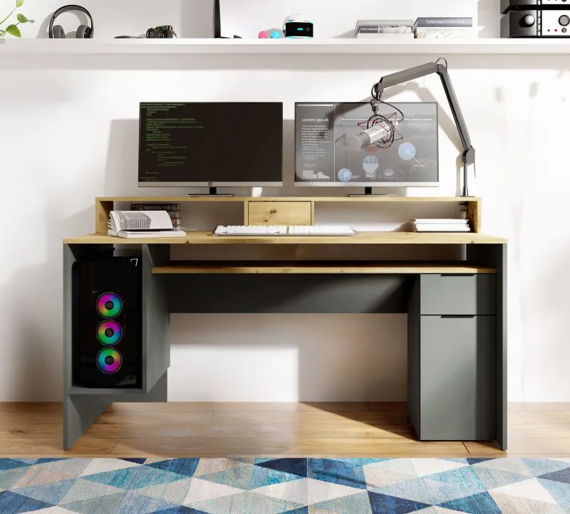 Scrivania "Kissamos" 02, rovere Artisan/grigio grafite, 6 scomparti, rialzo per monitor, ergonomica, 160 x 70 x 91,5 cm
