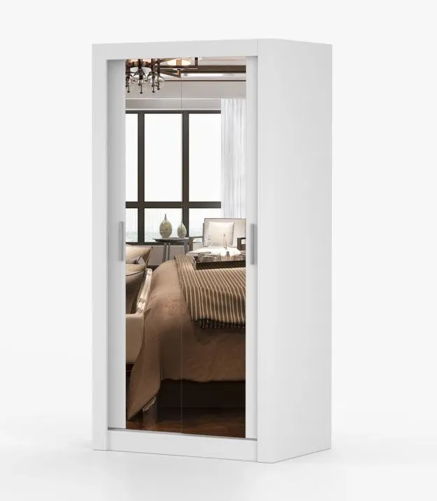 Armadio scorrevole Biokovo 01 bianco | Specchio frontale | 2 ante | 7 scomparti | 200 x 100 x 64 cm